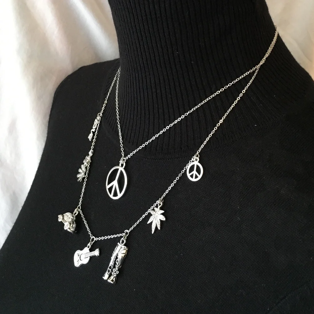 “Groovy Hippie" Handmade 2-Layer Necklace, Flower Power Peace Love Music VW Bug - Picture 6 of 15